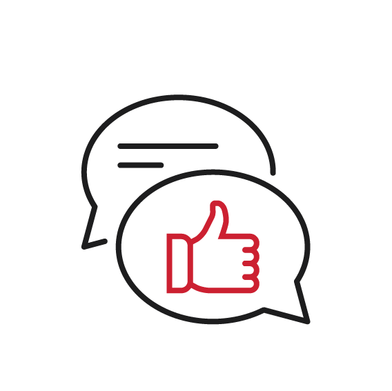 Vereinfachte Darstellung des Feedbacks in Form eines Icons, das zwei Sprechblasen zeigt. In einer Sprechblase sind Linien eines Textes angedeutet, in der anderen Sprechblase ist ein "Daumen hoch" zu sehen.