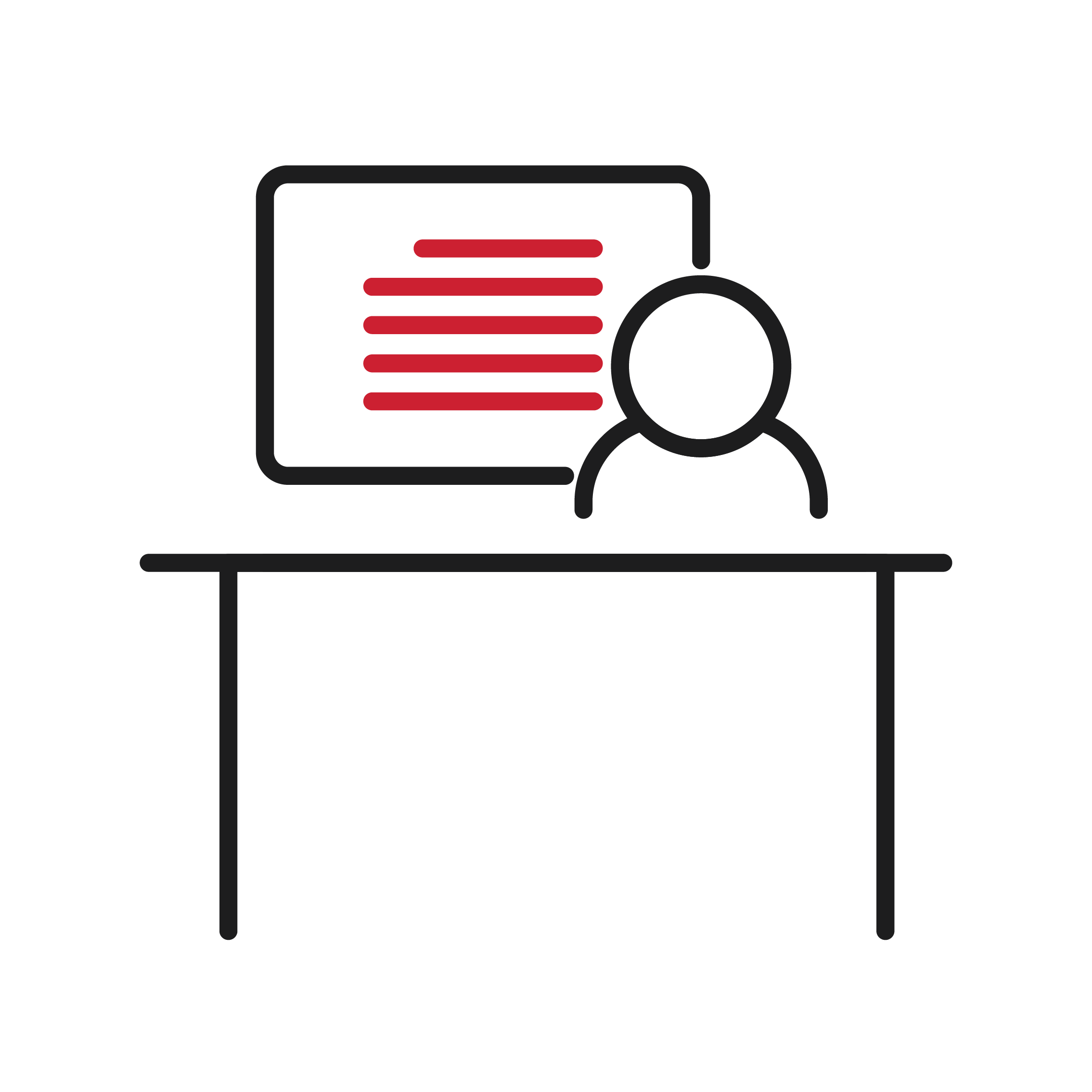 Vereinfachte Darstellung der firmeninternen in Form eines Icons, das eine Person vor einer Tafel zeigt, auf der Stichpunkte angedeutet sind.