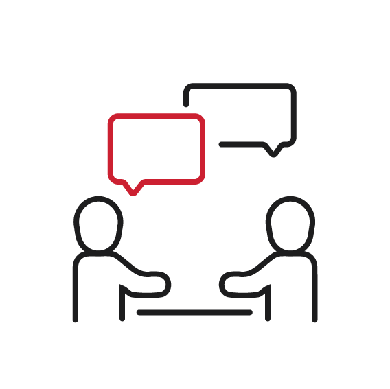Vereinfachte Darstellung des Infogespräches in Form eines Icons, das zwei Personen im Gespräch zeigt.