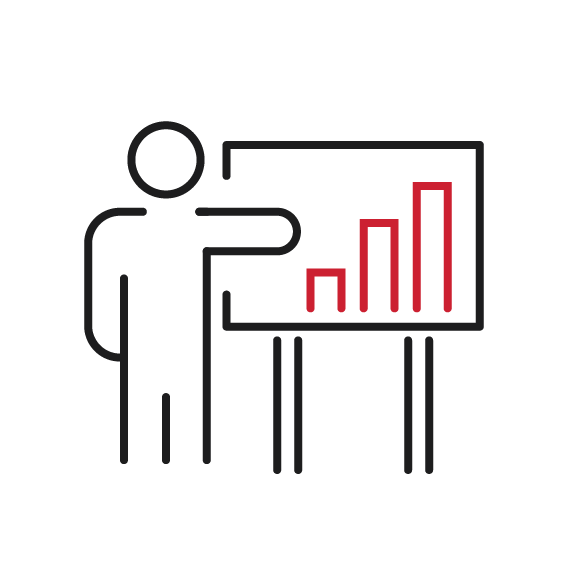 Vereinfachte Darstellung der Kontextanalyse in Form eines Icons, das eine Person vor einer Tafel zeigt, auf der ein Balkendiagramm abgebildet ist.